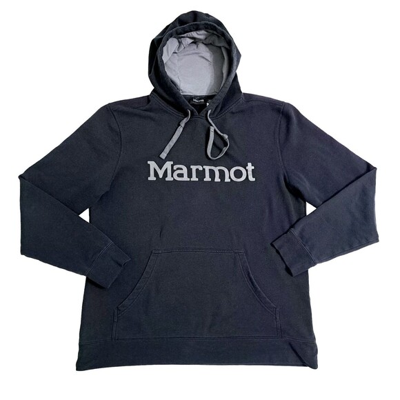 Marmot Men's Large Hoodie Logo Graphic Black Pullover Hooded Sweater Sweatshirt - Picture 1 of 9